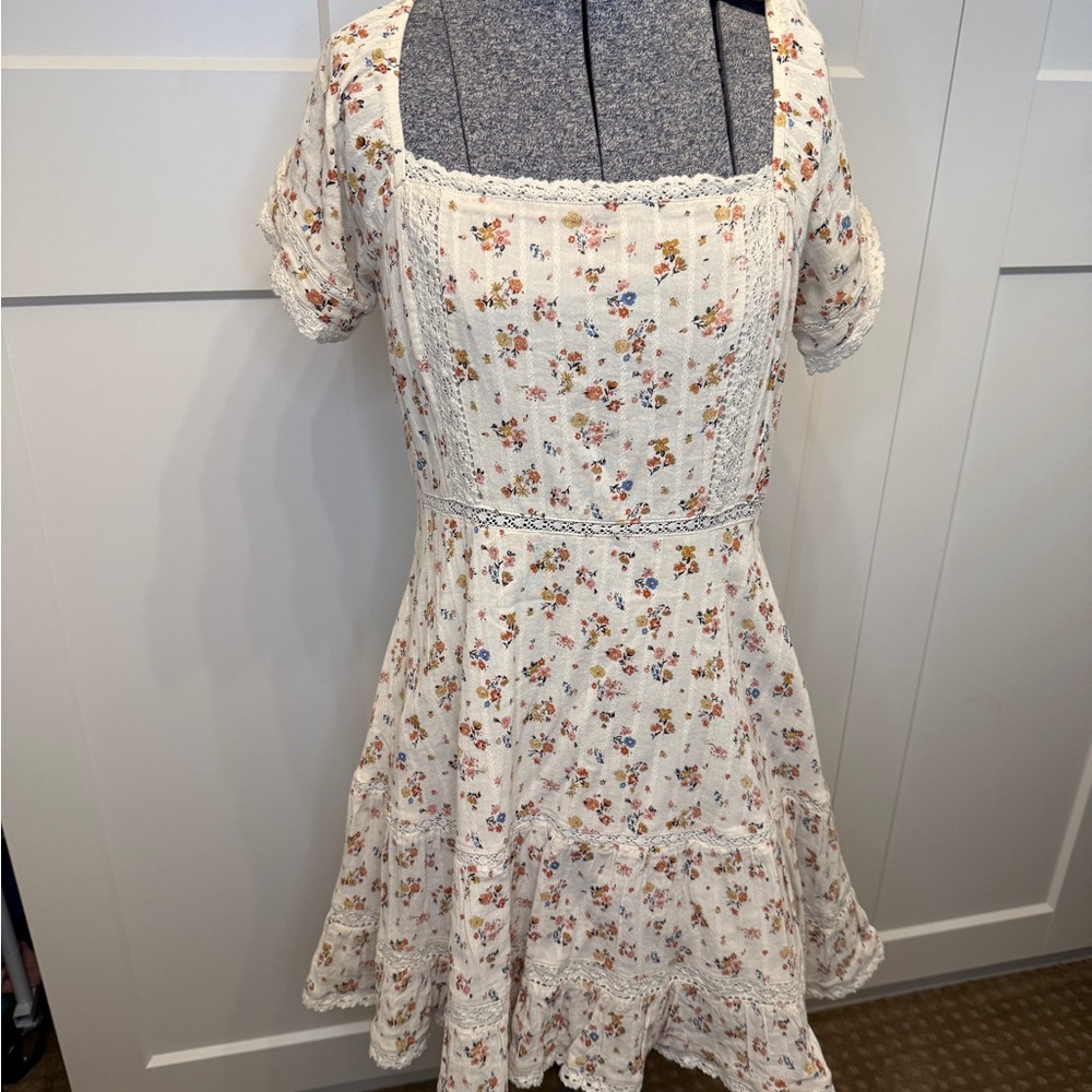 American Eagle Outfitters Cream Floral Square-Neck Mini Dress
